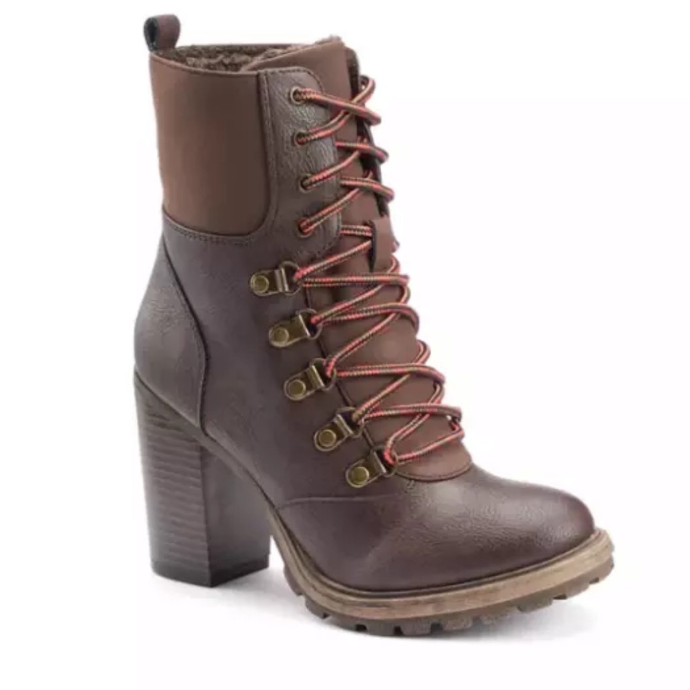 Unionbay Lionel Combat Boots Lace Up Heels Dark Brown Leather Fleece Fur
